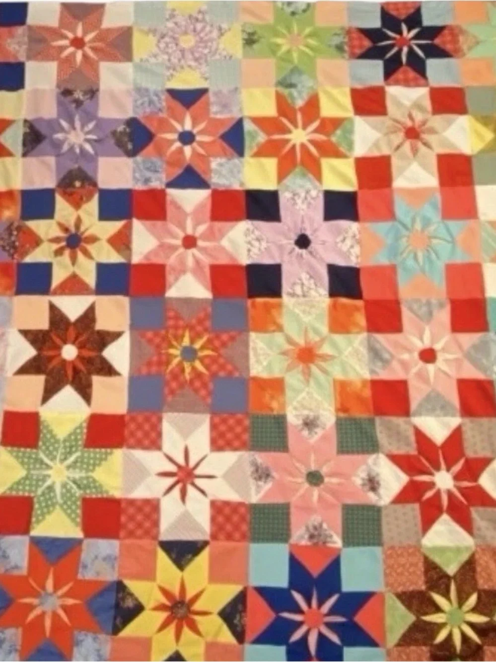 Vtg 70s Polyester Quilt Topper 87x87 Hand Stitched Dahlia Star Flower Retro